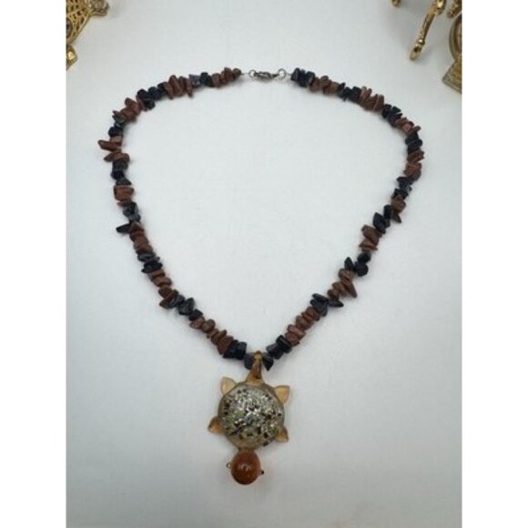 Golden And Black Rain Stone Necklace And Tortoise Murano Art Pendant Pretty - Picture 9 of 9